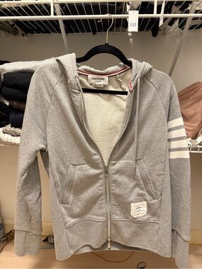 Thom Browne Men's Light Gray Zip-Up Hoodie with Four White Sleeve Stripes